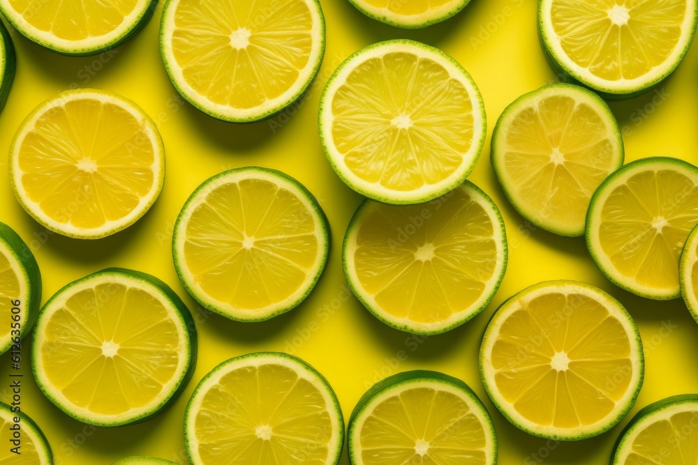 Green lime slices pattern on vibrant yellow color background. Minimal flat lay food texture. Generative AI