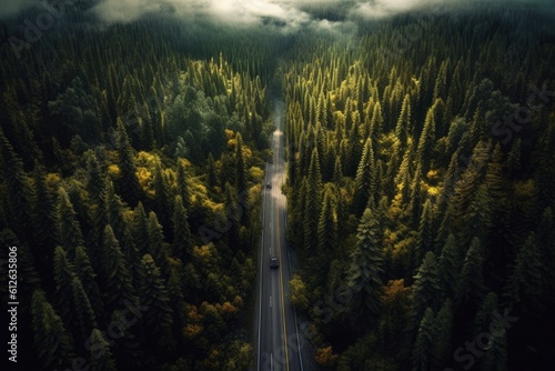 Aerial view of a road in the middle of the forest. Generative AI