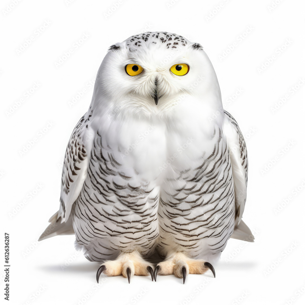 Fototapeta premium Snowy Owl (Bubo scandiacus) sitting, looking at camera