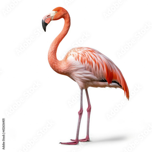 Flamingo  Phoenicopterus roseus  standing on one leg  looking to the side