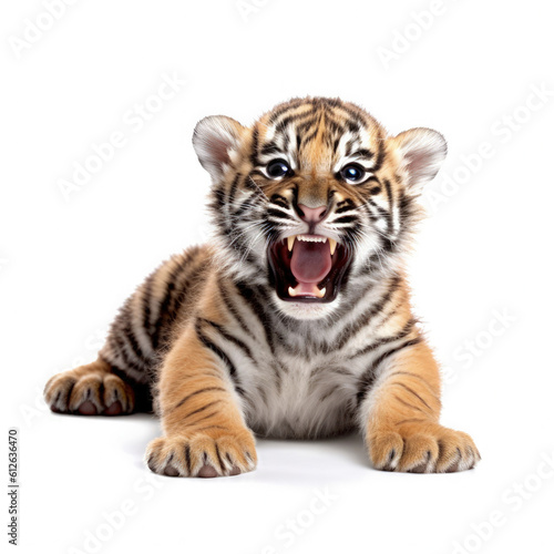 Baby Tiger Cub (Panthera tigris) playfully rolling on ground