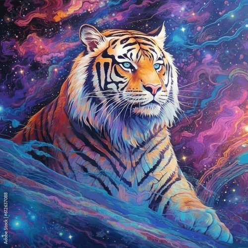 a tiger with colorful stars in the background Generative Ai