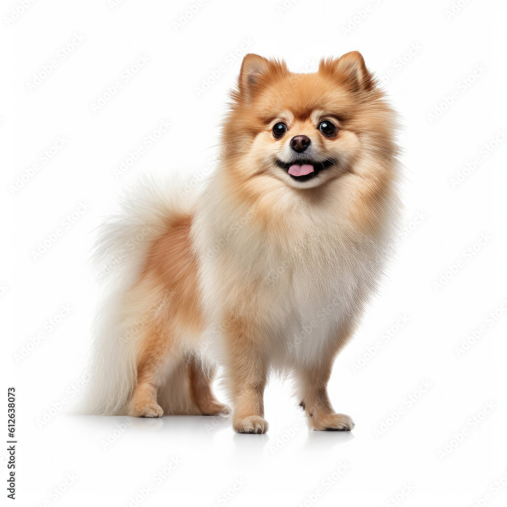 Pomeranian (Canis lupus familiaris) standing, looking to the side Pomeranian (Canis lupus familiaris) standing, looking to the side