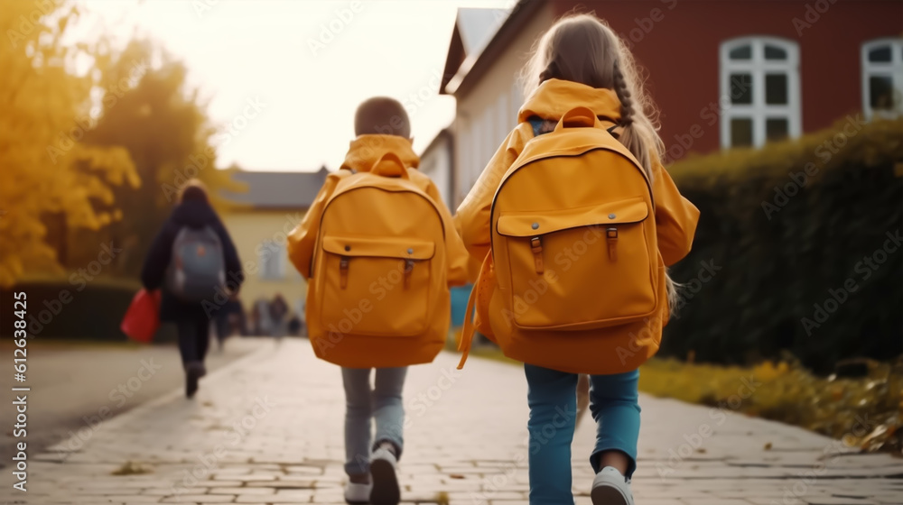 Back view of two little kids with backpacks going to school, Back to School Concept, generative Ai