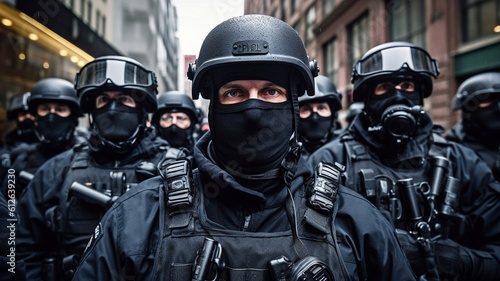 Photographie Police SWAT unit in a picture shot while on duty. GENERATE AI