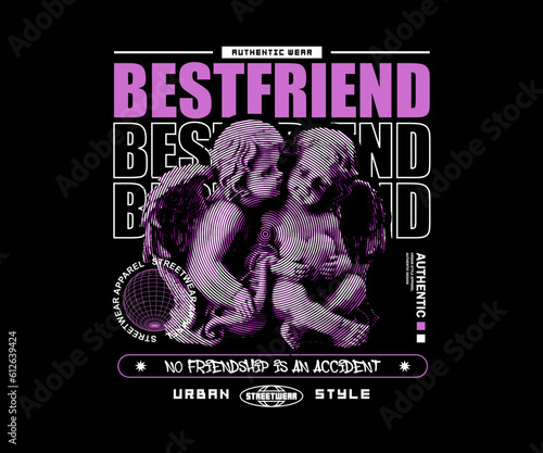 Tableau sur toile best friend slogan print design with baby angel statue in halftone style street