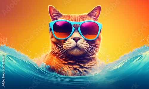 A cat with dark sunglasses surfing, in the style of action and adventure. Generative AI