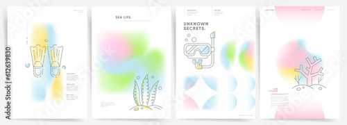 Abstract Gradient Ocean and Sea Design: Minimal Summer Layout for Beach Holiday Posters, Notebook Covers, Catalogs - Modern Vector Illustration in Pink, Blue, Green Gradients.