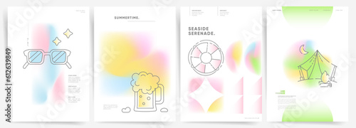 Summer Gradient Design Set. Minimalist Posters on Sea and Relaxation Themes. Active vacation, Camping, Beer party and beach summer time elements.