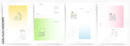 Vertical A4 Templates for Posters, Covers, Catalogs - Minimalistic, Modern Design with Summer Elements, Gradient Colors, Travel Icons, Ideal for Promotion and Advertisement.