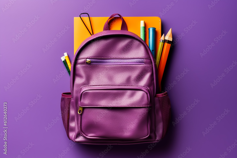 School Backpack, School Back with stationery, back to school concept, Generative AI School Backpack, School Back with stationery, back to school concept, Generative AI