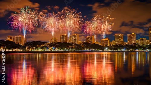On July 4th, at Magic Island Park on the island of Oahu, fireworks fill the night sky over Honolulu during Hawaii's greatest fireworks show. GENERATE AI © Sawitree88
