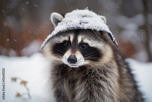 a raccoon wearing a snow cap