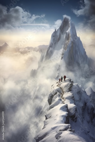 Climbers on top of the mountain in the clouds. Generative AI