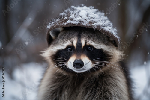 a raccoon wearing a snow cap
