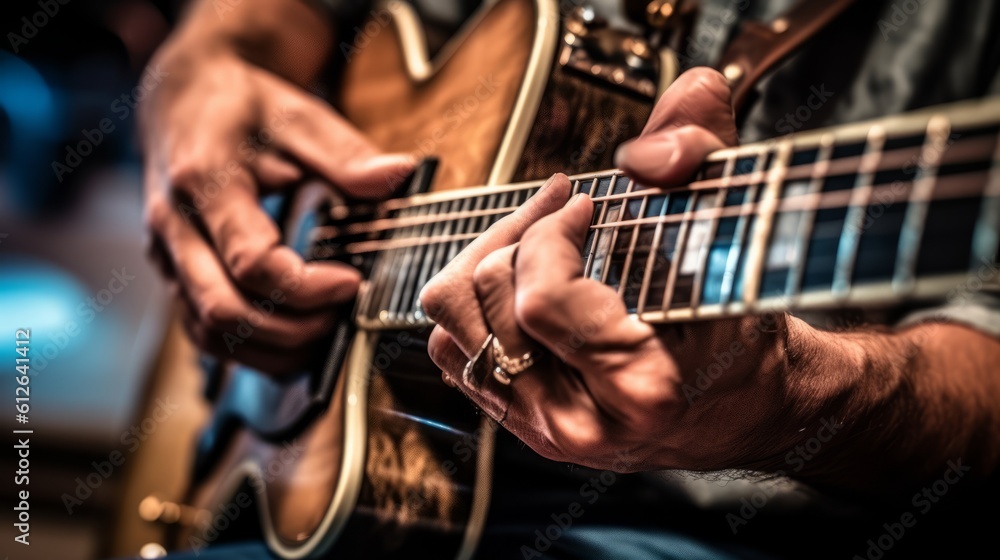 Fototapeta premium Guitarist hands playing acoustic guitar, close-up view. Generative AI