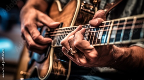 Guitarist hands playing acoustic guitar, close-up view. Generative AI