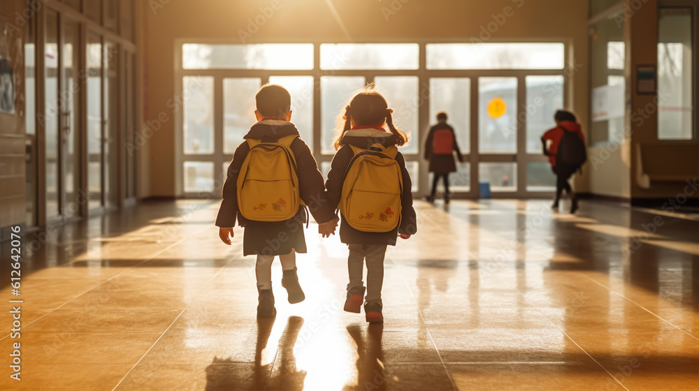 Back view of two little kids with backpacks going to school, Back to ...