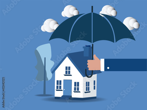 House insurance, home disaster insure coverage or safety or shield for residential building concept, Hand with umbrella protecting house.