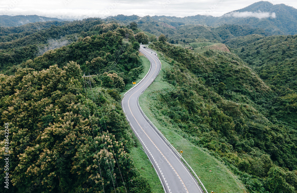 Fototapeta premium Aerial view of amazing road with green forest and mountain,Bird's eye view from drone