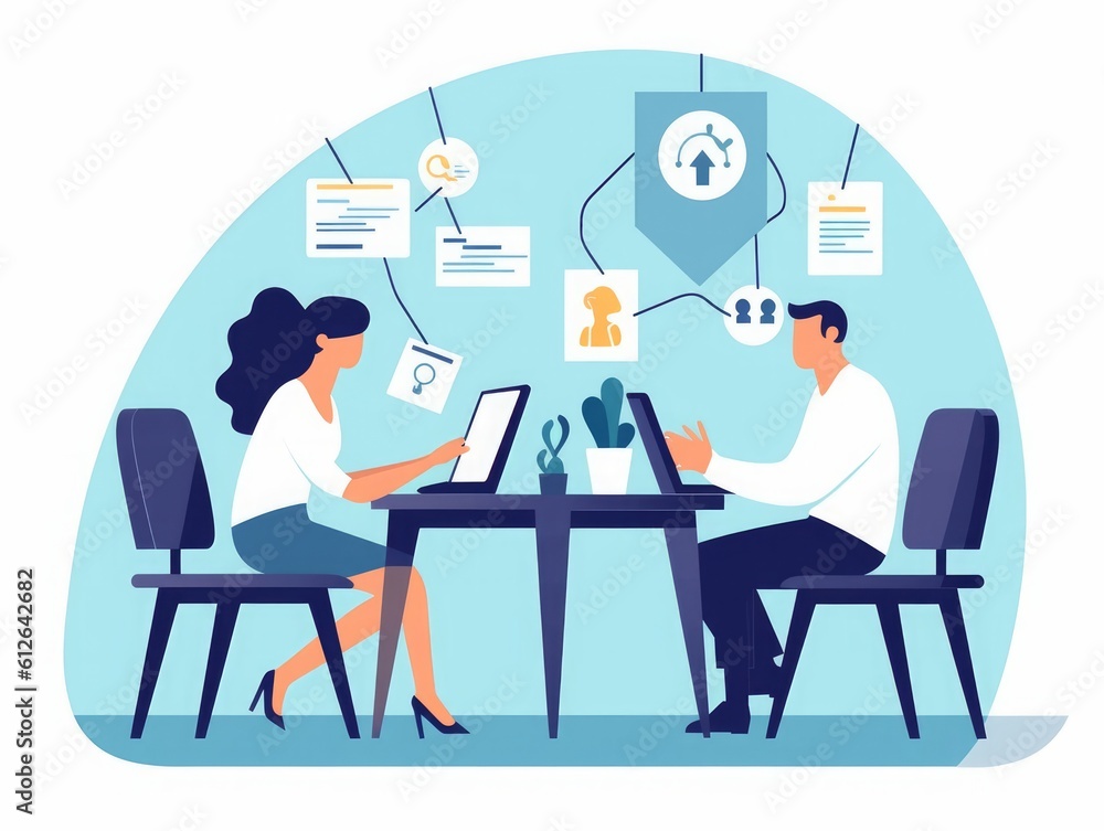 Office work illustration. Couple is sitting at the tables and discusses. illustration, Generative AI Office work illustration. Couple is sitting at the tables and discusses. illustration, Generative AI