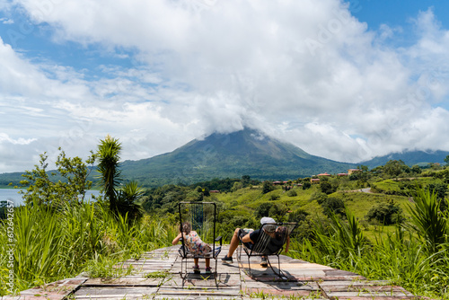 Family holidays with volcano landscape view.  photo