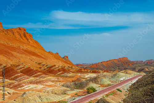 The way through the rainbow Colorful rock formations in the Zhangye Danxia Landform Geological Park. Rainbow mountain in China