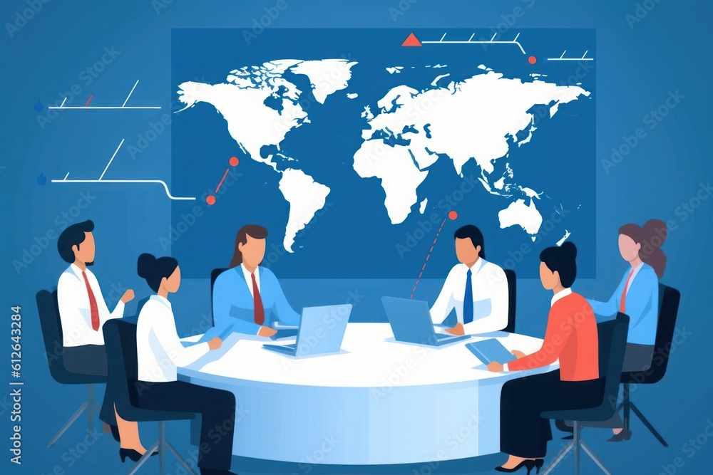 Global trade, global investment. The team discusses around the table in front of the world map. Business illustration, Generative AI Global trade, global investment. The team discusses around the table in front of the world map. Business illustration, Generative AI