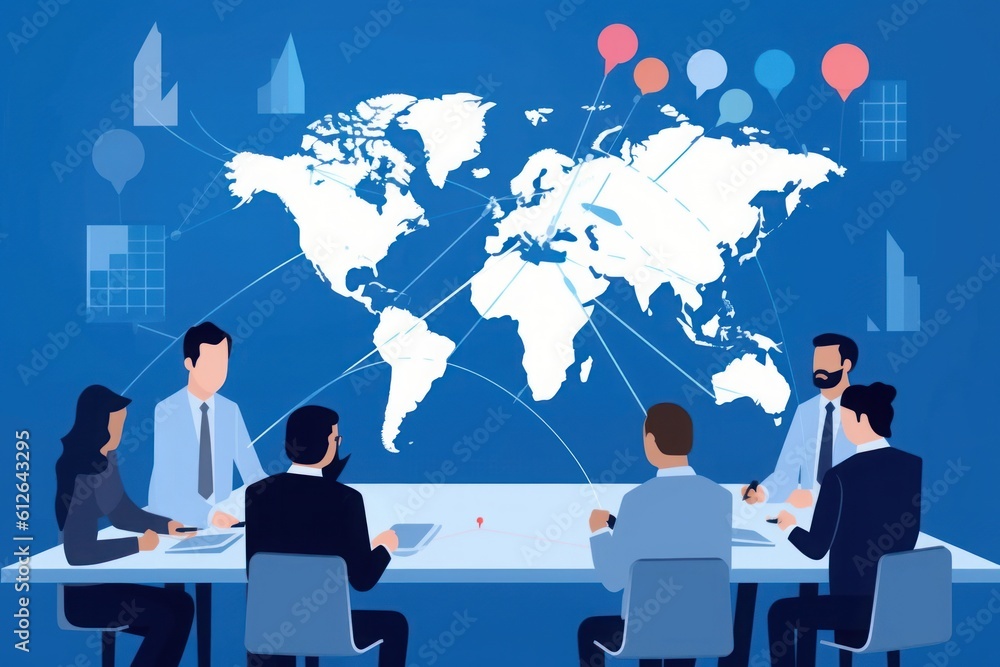 Global trade, global investment. The team discusses around the table in front of the world map. Business illustration, Generative AI Global trade, global investment. The team discusses around the table in front of the world map. Business illustration, Generative AI