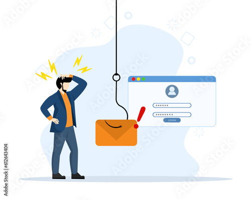 Hacker attack concept, internet phishing attack, fraud investigation, fraud prevention. Internet users open e-mail scams. Steal account privacy and passwords. Vector illustration in flat design
