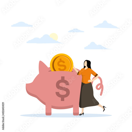 Saving money in a piggy bank, The first lump sum is deducted from income for saving, Set aside some money for saving, Youth or entrepreneurs and piggy banks. flat vector illustration.