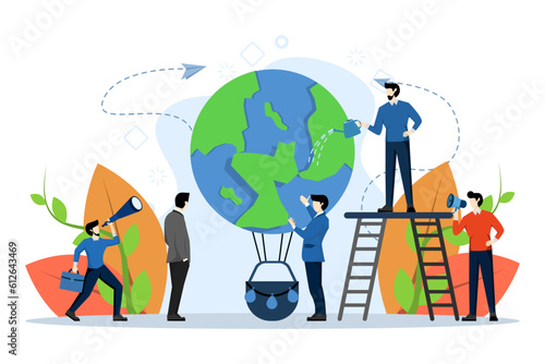 Little people prepare for environment day, save the planet, save energy, save the planet, vector balloon in the shape of a planet, flat vector illustration on a white background.