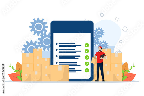 The warehouse manager maintains shipment records. Inventory accuracy. Control goods in and out of the warehouse. ensure goods quality control, Flat Vector Illustration on a white background.