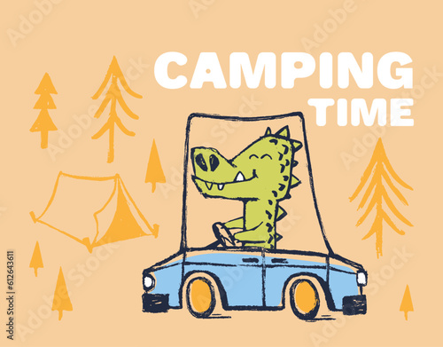 Crocodile camping car funny cool summer t-shirt print design. Road trip on auto. Camp vacation animal illustration