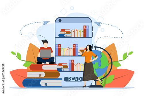 Online Library Concept, Showing People interacting with digital books, reading books online, e-book concept. read digital books. device use for reading. Flat Vector illustration on white background.