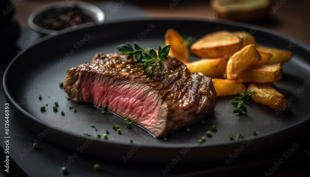 juicy rump steak served with golden, crispy fried potatoes, Generative AI