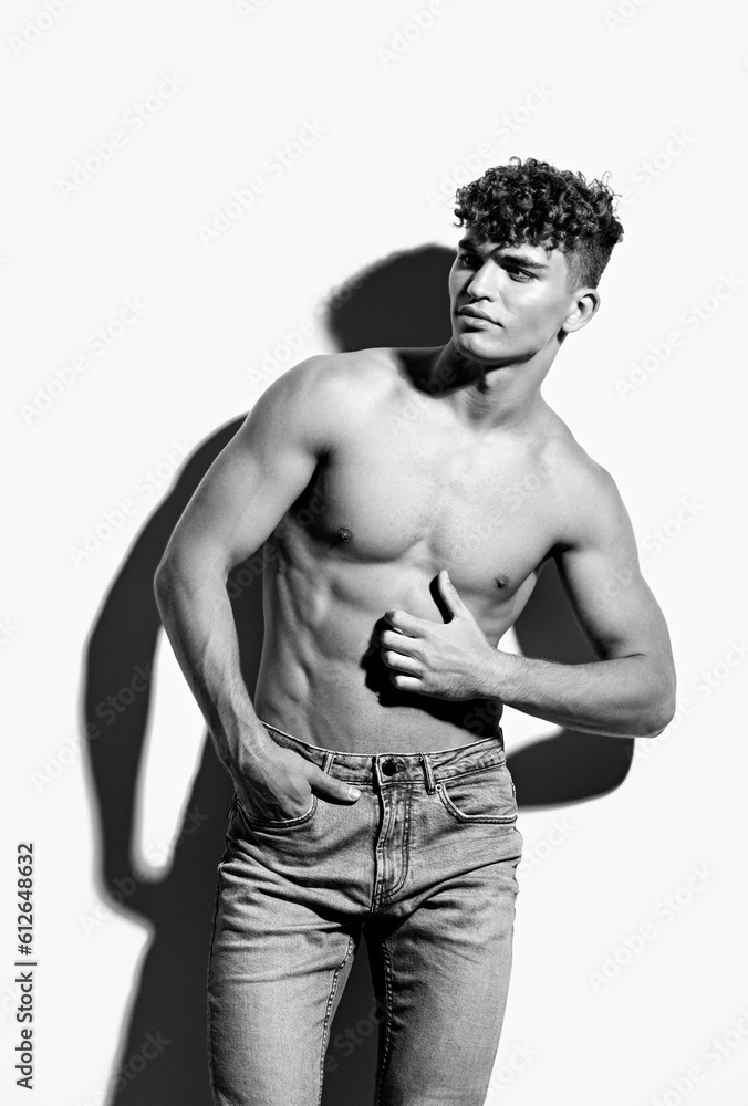 Fototapeta premium man bicep adult background fit trend fashion white black young strength black and white