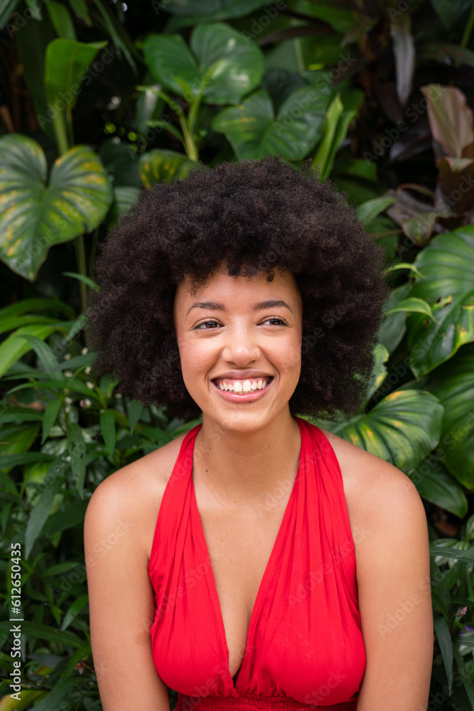 Happy Woman In Tropical Plants Background Happy Woman In Tropical Plants Background