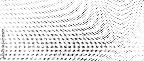 Radial halftone dots pattern. Dotted stains and spots gradient background. Concentric fading comic texture. Black and white rough gritty wallpaper. Grunge monochrome pop art backdrop. Vector