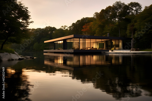 Modern house on the lake at sunset