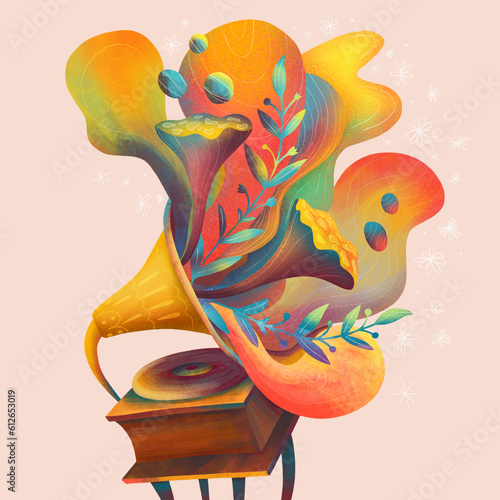 Gramophone plays magic colorful music photo
