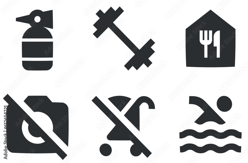 Obraz premium Set of 6 icons Places. Vector illustration of thin line icons. modern trend in the style. Linear icons set. Big UI icon set. UX UI