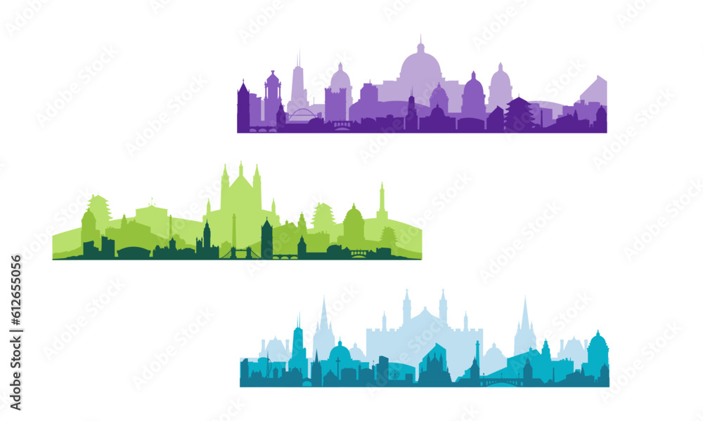 Set of city silhouettes. Cityscape backgrounds, over print cityscape
