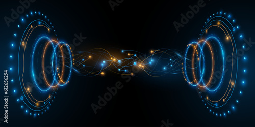 Digital glowing HUD circles in Sci-fi style with neural connectors on dark background. Development of a futuristic mechanism. Big data visualization into cyberspace. Vector illustration.