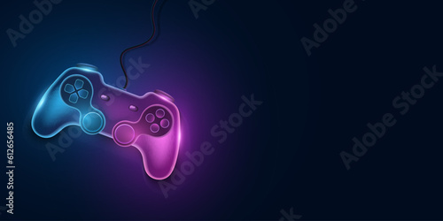 Modern neon gamepad with wire for video games. Future joystick with light effect for game console. Vector illustration.