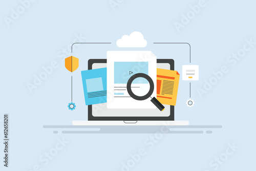 Cloud computing and cyber security technology protecting online documents, data information from cyber-attack, encrypted message with password security concept, vector web banner.