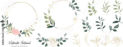 Luxury botanical gold wedding frame elements collection. Set of circle, glitters, leaf branches, rose flower. Elegant foliage design for wedding, card, invitation, greeting.
