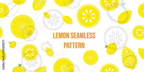 Bright fresh lemon slice vector background. Summer bright tropical fruit pattern. Isolated on a white background