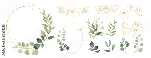 Luxury botanical gold wedding frame elements collection. Set of circle, glitters, leaf branches, flower, eucalyptus. Elegant foliage design for wedding, card, invitation, greeting.