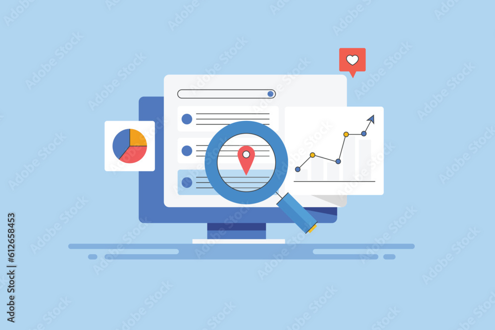 Fototapeta premium Search marketing and seo ranking data analytics, information report graph on dashboard, digital business concept, vector illustration banner.